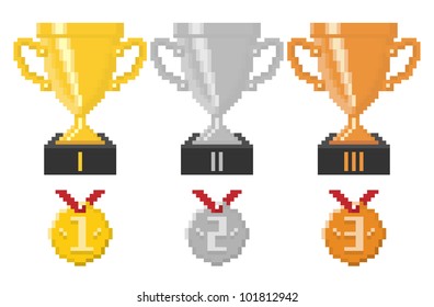 Pixel trophy cups and medals. Vector illustration.