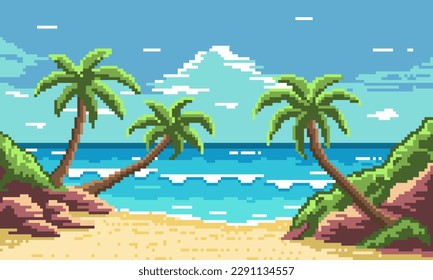 Pixel tropical beach with palm trees background. Blank yellow sandy beach with gray stones and green grass. Fluffy blue clouds in sky and white surf foam in vector ocean