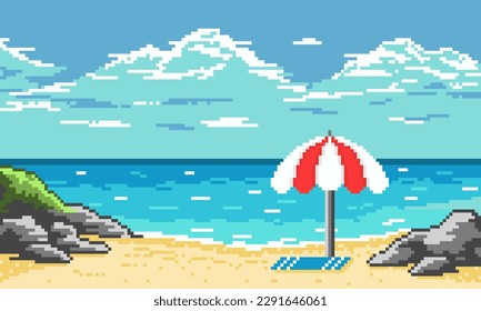 Pixel tropical beach with striped umbrella background. Colorful sandy beach with gray stones and green grass. Fluffy blue clouds in sky and white surf foam in vector ocean