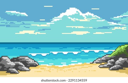 Pixel tropical beach with waves background. Empty yellow sandy beach with gray stones and green vegetation. Fluffy blue clouds in sky and white surf foam in vector ocean