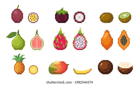 Pixel Tropical Fruit Vector Set. Pixel Art Collection.