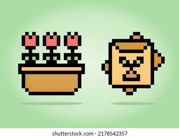 pixel Tulips in pots and seed. Flower of tulip for cross stitching patterns, in vector illustrations.