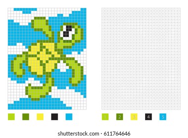 Pixel turtle cartoon in the coloring page with numbered squares, vector illustration