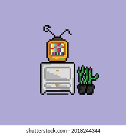pixel tv on a shelfs with a plants