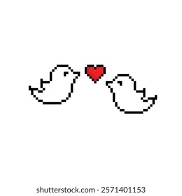 pixel two birds icon vector with heart love sign  icon. Vector pixel art birds 8 bit for game company logo template 
