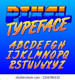 Pixel Typeface. Retro Arcade Game Alphabet Font. Uppercase Script Letters. 80s Video Game Typography.