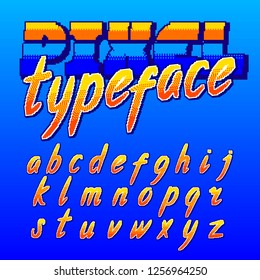 Pixel typeface. Retro arcade game alphabet font. Lowercase script letters. 80s video game typography.