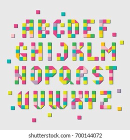  Pixel typefont. Cubic letters, digital ABC. Vector font. Disco alphabet