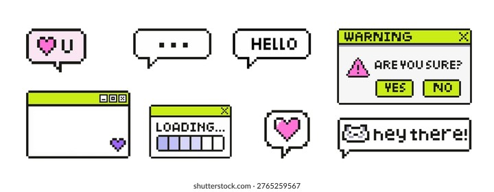 Pixel ui chat windows messages hearts and retro interface elements in 8 bit style