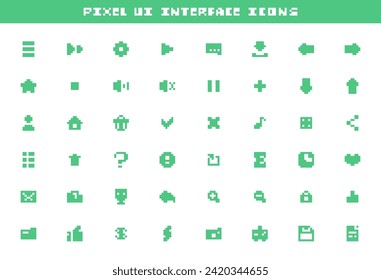 Pixel UI Interface Vector Icons. Menu, settings, start, message, save, left, right, profile, favorites, trash, bin, cancel, ok, home buttons and more.