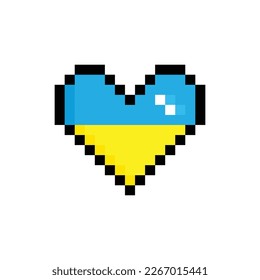 pixel Ukraine flag, vector Ukrainian heart. Pixel design for 8 bit games  