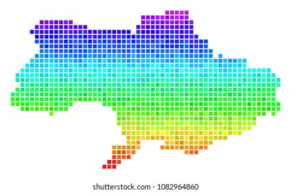 Pixel Ukraine map. Vector territory scheme drawn with impressive spectrum color tints with vertical gradient. Multicolored vector pattern of Ukraine map created with rectangle dots.