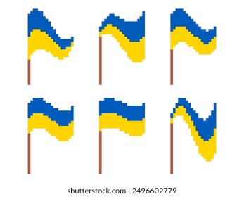 Conjunto de iconos de bandera ucraniana de píxeles aislados sobre fondo blanco. Ondeando la bandera de Ucrania en estilo gráfico retro de 8 bits de los años 80. Diseño en estilo pixel art para Anuncios y pósters. Ilustración vectorial