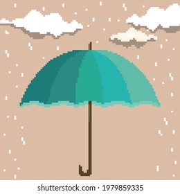 Pixel umbrella with rain and clouds. For pixel game, vector. Pixel art 8 bit
