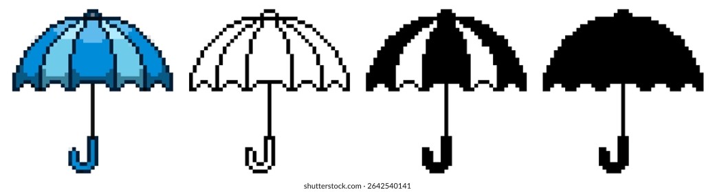 Pixel umbrella vector with a retro, digital aesthetic. Perfect for themes of weather, protection, rain, sunshine, summer, and vintage computing or gaming designs.