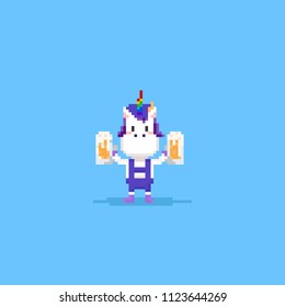 Pixel unicorn cheer up with double beer mug.oktoberfest.8bit character.