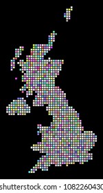 Pixel United Kingdom Map. Vector geographic map in casual colors on a black background. Vector collage of United Kingdom Map done with regular square particles.