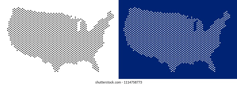 Pixel USA map. Vector geographic map on white and blue backgrounds. Vector collage of USA map combined of sphere items.