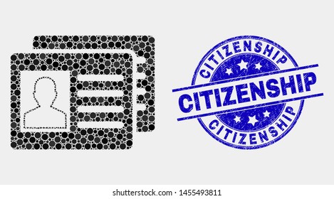 Pixel user id cards mosaic icon and Citizenship seal stamp. Blue vector rounded grunge watermark with Citizenship title. Vector combination in flat style.