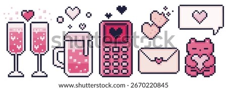 Pixel Valentine day retro set with champagne glasses, pink hearts and love phone for romantic game. 8 bit drink mug, envelope with speech bubble and cute teddy bear for dating app or February greeting