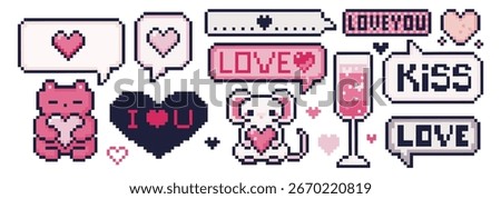 Pixel valentine retro set with chat bubbles, pink hearts and love text messages for game interface or digital cards. 8 bit romantic elements and cute teddy toys, speech balloons with affection symbols