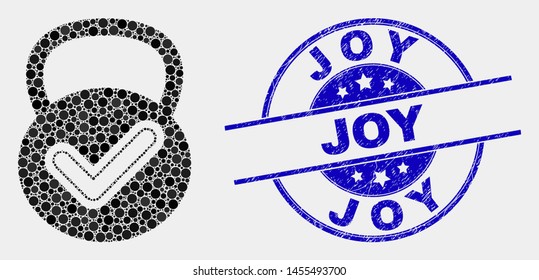 Pixel valid weight mosaic icon and Joy seal stamp. Blue vector rounded textured stamp with Joy message. Vector combination in flat style. Black isolated valid weight mosaic of scattered dots,