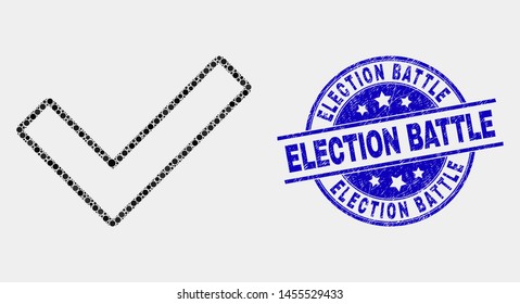 Pixel validated tick mosaic pictogram and Election Battle seal. Blue vector rounded grunge watermark with Election Battle text. Vector composition in flat style.