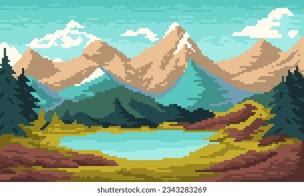 Pixeltal mit Bergen und Seehand. Farbige natürliche 8-Bit-Landschaft mit malerischen Bäumen und blauem Himmel mit Vektorwolken