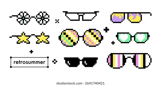 Pixel various sunglasses pack with decorative elements and patterns. Fun 8 bit style retro eyewear for summer vibe decoration, beach vacation design. Bright sticker set with pixelated trendy frames