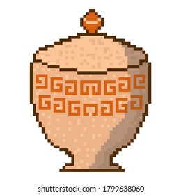 Pixel vase with lid. Beige vase with orange pattern
