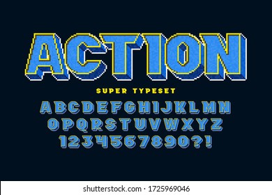 Pixel vector alphabet design, stylized like in 8-bit games. High contrast, retro-futuristic. Easy swatch color control.