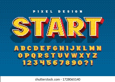 Pixel vector alphabet design, stylized like in 8-bit games. High contrast, retro-futuristic. Easy swatch color control.