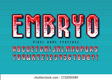 Pixel vector alphabet design, stylized like in 8-bit games. High contrast, retro-futuristic. Easy swatch color control.