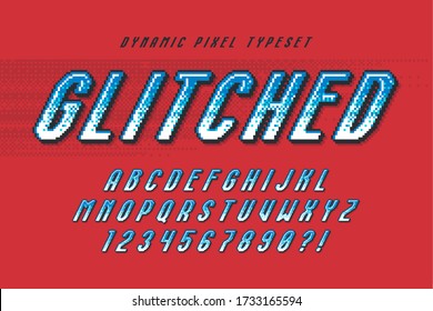Pixel vector alphabet design, stylized like in 8-bit games. High contrast, retro-futuristic. Easy swatch color control.