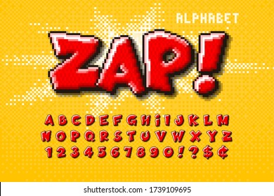 Pixel vector alphabet design, stylized like in 8-bit games. High contrast, retro-futuristic. Easy swatch color control.