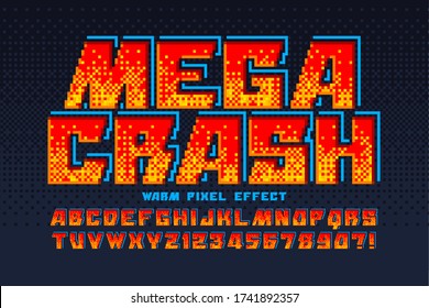 Pixel vector alphabet design, stylized like in 8-bit games. High contrast, retro-futuristic. Easy swatch color control.