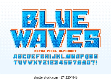 Pixel vector alphabet design, stylized like in 8-bit games. High contrast, retro-futuristic. Easy swatch color control.