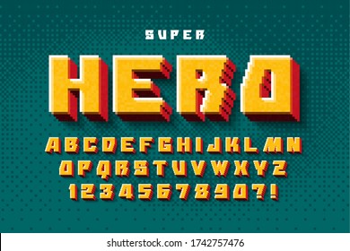 Pixel vector alphabet design, stylized like in 8-bit games. High contrast, retro-futuristic. Easy swatch color control.