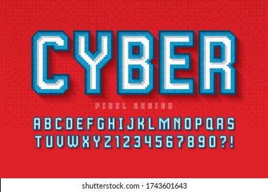 Pixel vector alphabet design, stylized like in 8-bit games. High contrast, retro-futuristic. Easy swatch color control.