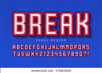 Pixel vector alphabet design, stylized like in 8-bit games. High contrast, retro-futuristic. Easy swatch color control.