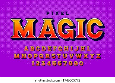 Pixel vector alphabet design, stylized like in 8-bit games. High contrast, retro-futuristic. Easy swatch color control.