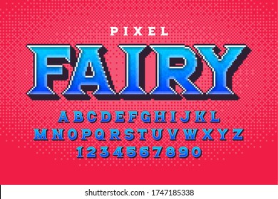 Pixel vector alphabet design, stylized like in 8-bit games. High contrast, retro-futuristic. Easy swatch color control.