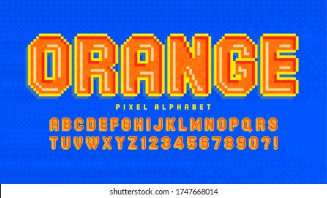 Pixel vector alphabet design, stylized like in 8-bit games. High contrast, retro-futuristic. Easy swatch color control.