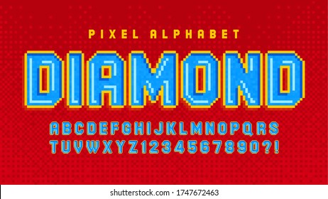 Pixel vector alphabet design, stylized like in 8-bit games. High contrast, retro-futuristic. Easy swatch color control.