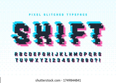 Pixel vector alphabet design, stylized like in 8-bit games. High contrast, retro-futuristic. Easy swatch color control.