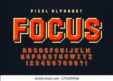 Pixel vector alphabet design, stylized like in 8-bit games. High contrast, retro-futuristic. Easy swatch color control.