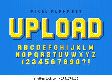 Pixel vector alphabet design, stylized like in 8-bit games. High contrast, retro-futuristic. Easy swatch color control.