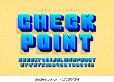 Pixel vector alphabet design, stylized like in 8-bit games. High contrast, retro-futuristic. Easy swatch color control.