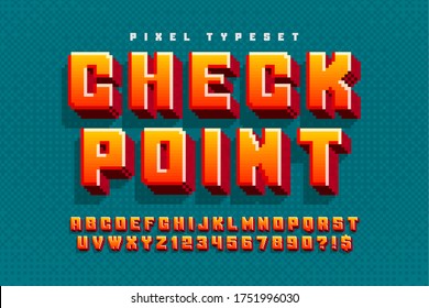 Pixel vector alphabet design, stylized like in 8-bit games. High contrast, retro-futuristic. Easy swatch color control.