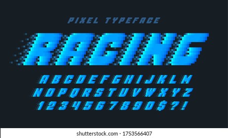 Pixel vector alphabet design, stylized like in 8-bit games. High contrast, retro-futuristic. Easy swatch color control.